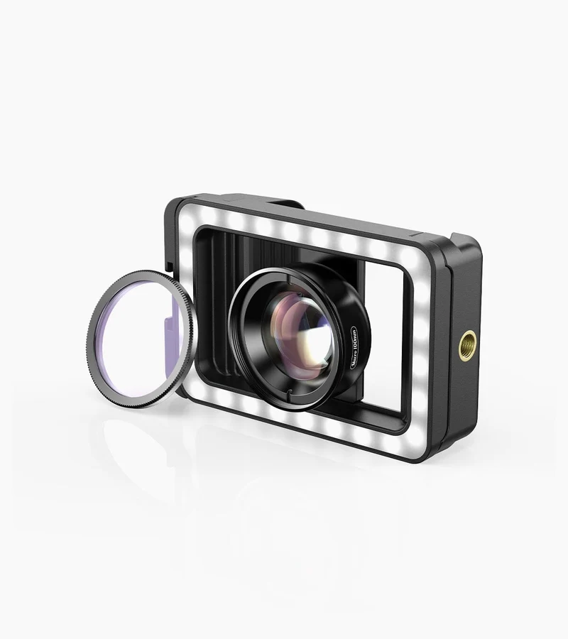 APEXEL 3-in-1 Handy-Objektivclip und 100-mm-Makroobjektiv-Set mit Fülllicht