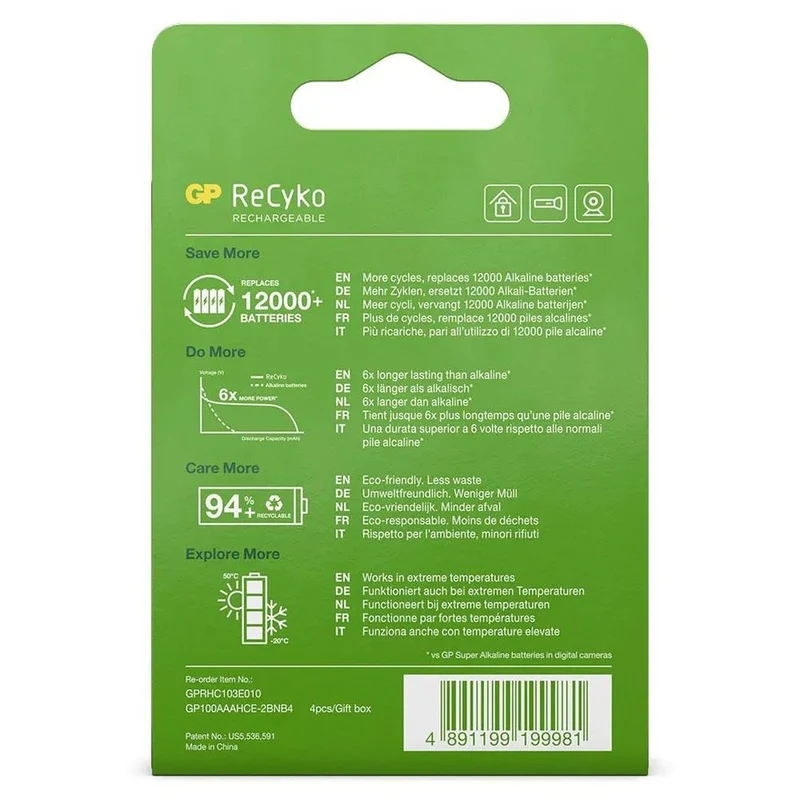 GP NiMH ReCyko AAA 950mAh 1,2V wiederaufladbar, 4 Stück