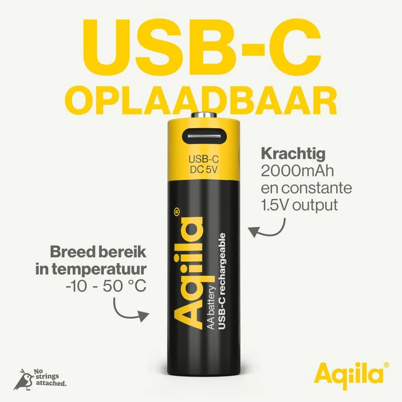 Aqiila AA USB-C Rechargable Battery 1.5V 2000mAh Li-Ion (4x)