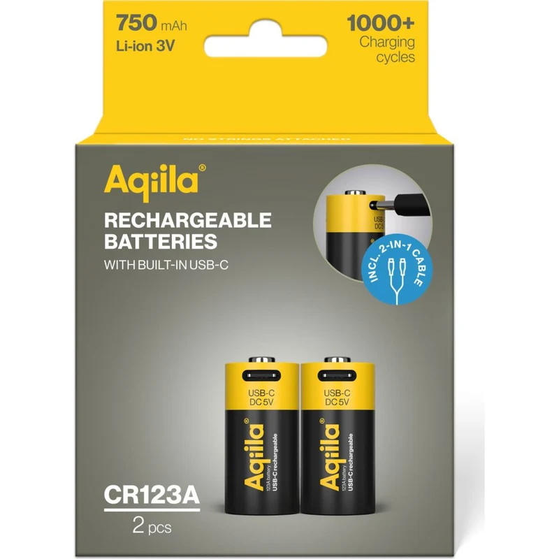 Aqiila CR123A USB-C Rechargable Battery 3V 750mAh Li-Ion (2x)