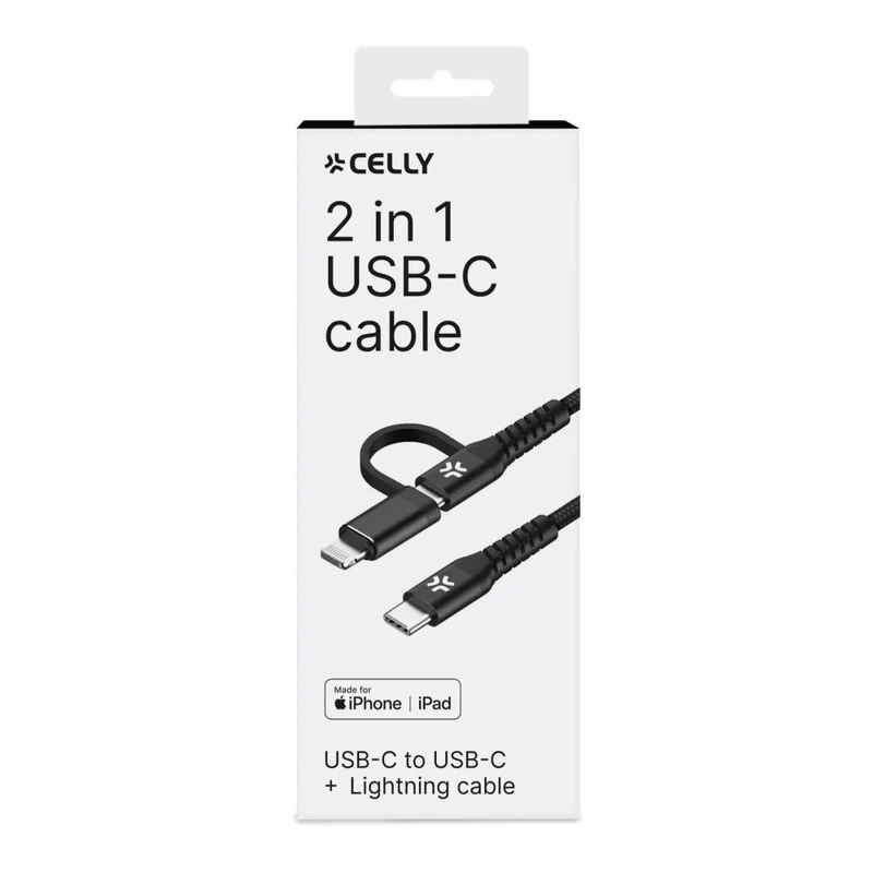 Celly Duo cable 100W C to C + Lightning 1m, black