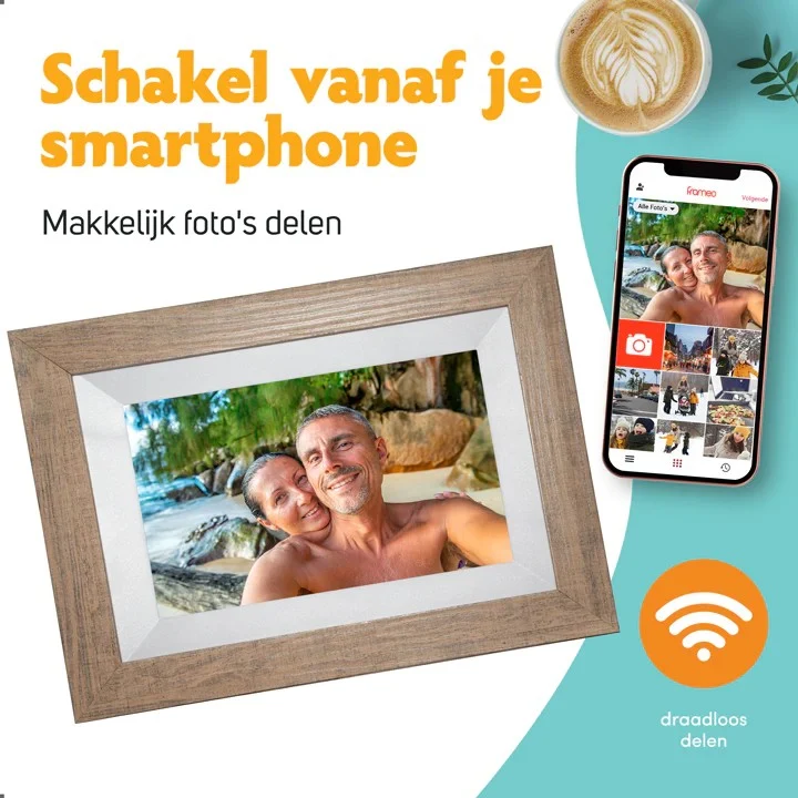 Pora&co Digital Photo Frame with Wi-Fi & Frameo App 8 Inch, Light Brown / Wood