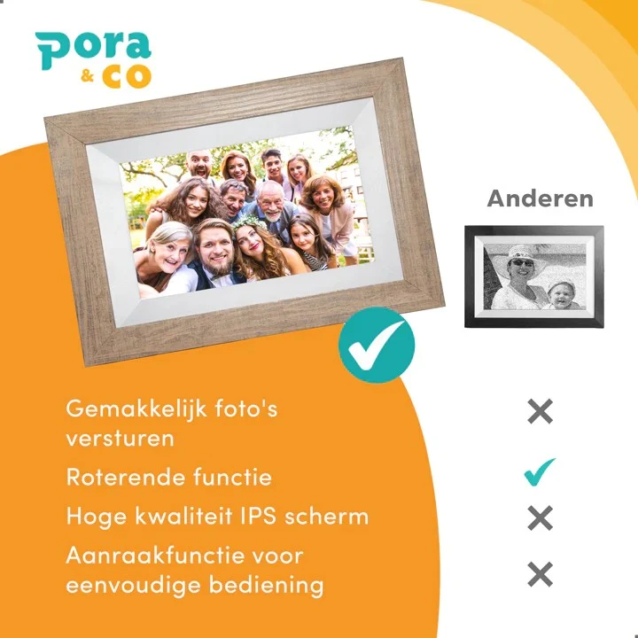 Pora&co Digital Photo Frame with Wi-Fi & Frameo App 8 Inch, Light Brown / Wood