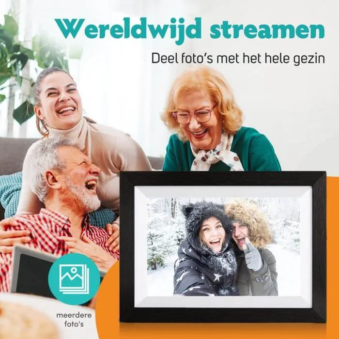 Pora&co Digitaler Fotorahmen mit WiFi & Frameo App 8 Zoll, schwarzes Holz/weiß