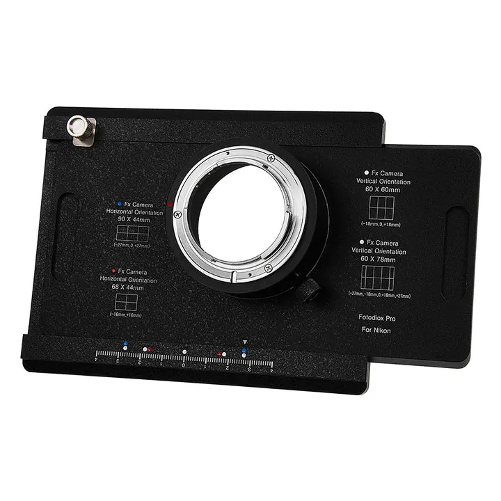 Fotodiox Pro Lens Mount adapter - Nikon Nikkor F Mount D/SLR to Large Format 4x5 View Cameras with a Graflok Rear Standard (with Shift / Stitch Adapter) (NikF-4x5-Pro)