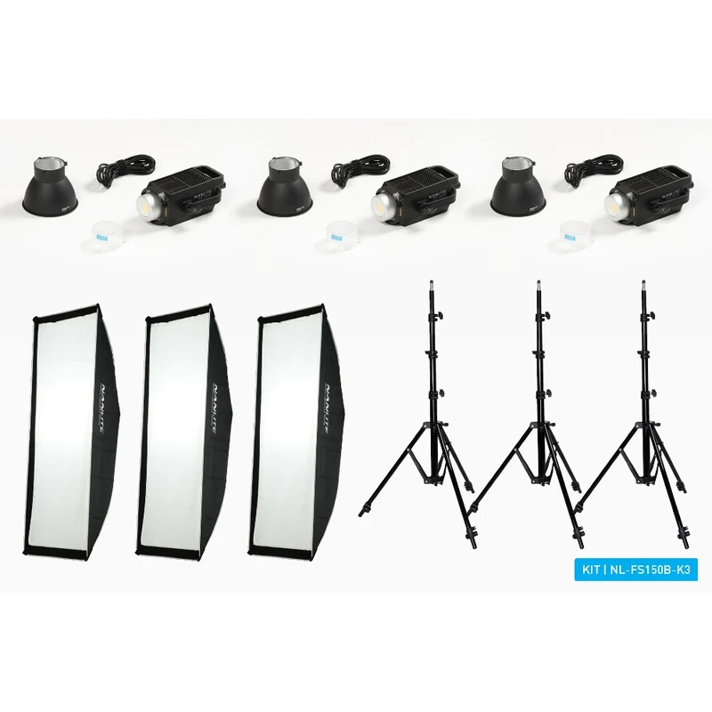 Nanlite FS-150B LED Spot Light triple kit (w/ light stand and softbox)