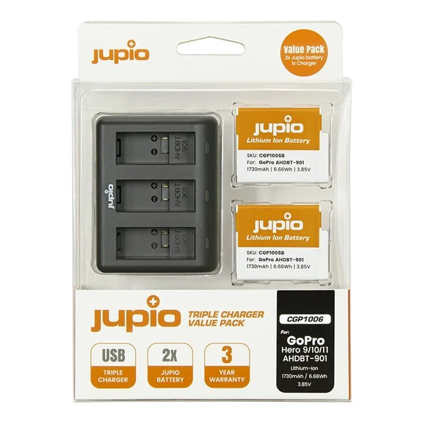 Jupio Value Pack: 2x Enduro Battery GoPro HERO 9/10/11 1730mAh + Compact USB Triple Charger